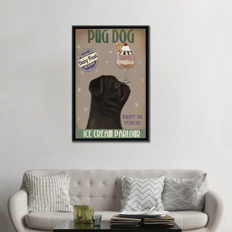 Impression sur toile tendue Fab Funky «Pug Ice Cream», H 26 po x l 18 po x P 1,5 po, Toile avec cadre noir, Pas de tapis