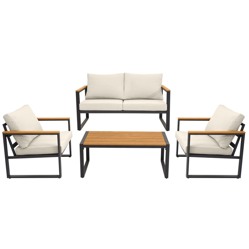 Ensemble de conversation en métal pour 4 personnes avec coussins épais, Beige
