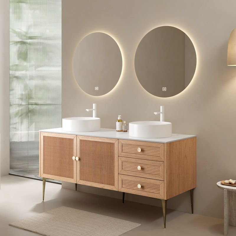 Meuble-lavabo autoportant de 60 po avec 2 lavabos de 16 po, armoire de rangement avec 2 portes et 3 tiroirs coulissants en HDT, finition en chêne et lavabos en céramique blanche