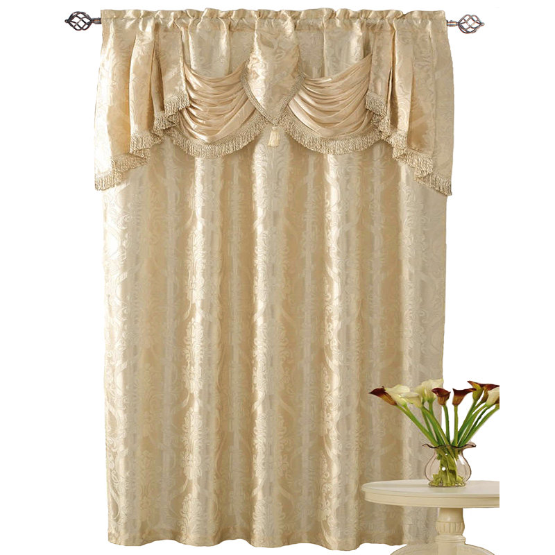 Beige Jacquard Room-Darkening Curtain Panel with Waterfall Valance