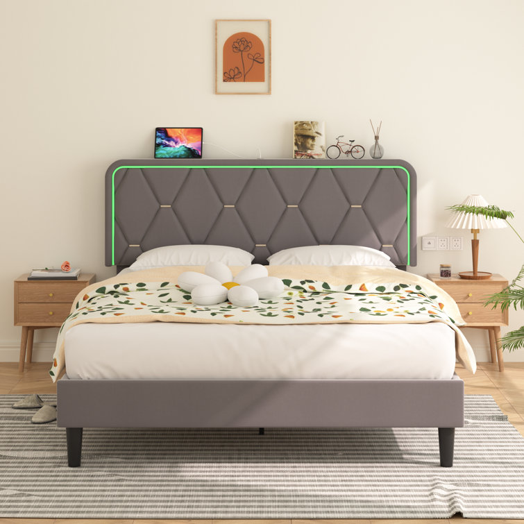 Calil Bed Frame with LED and Charging Station, Upholstered Platform with Adjustable Headboard