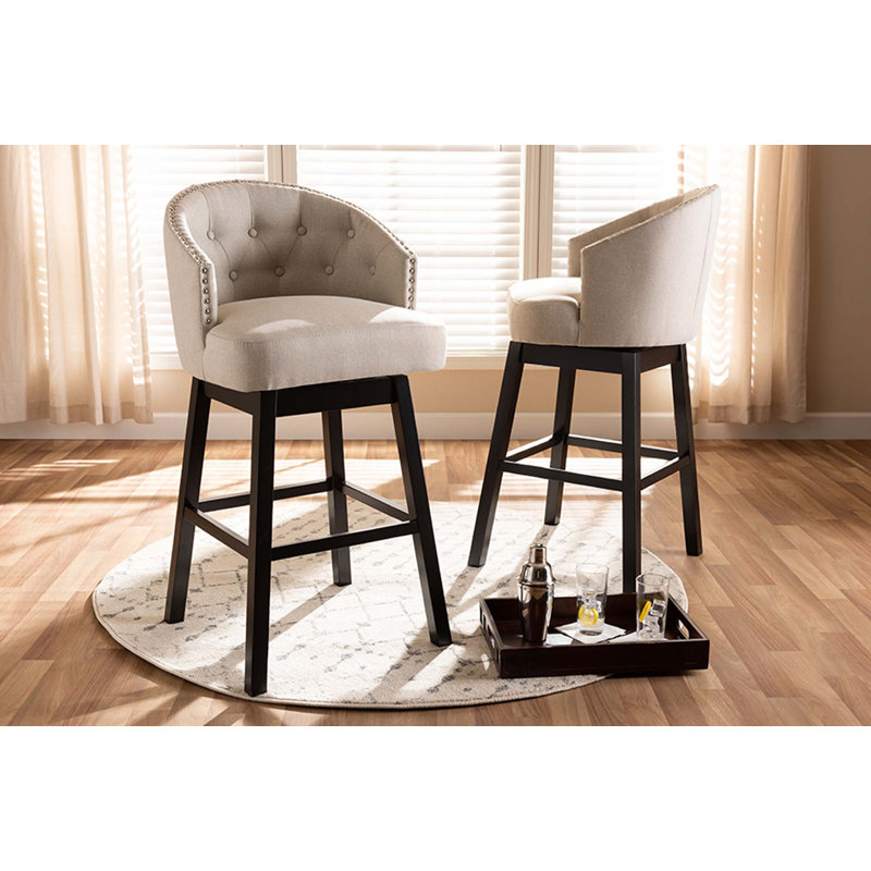Goggans Austin Light Beige Fabric Upholstered Wood Swivel Bar Stool Set Of 2, Light Beige