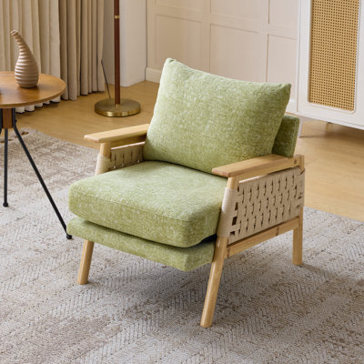 Fauteuil d'appoint rembourré en chenille tissé en rotin avec accoudoirs lombaires en bois d'hévéa avec coussin lombaire pour salon
