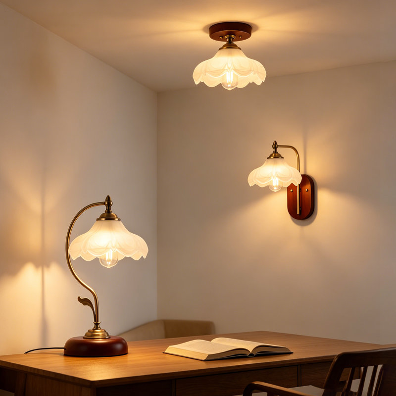 Guynup Vintage Lighting Set: Table Lamp + Wall Sconce + Flush Mount Ceiling Light – Matching Frosted Flower Glass Shades & Wood-Tone Finishes For Whole-Home Elegance