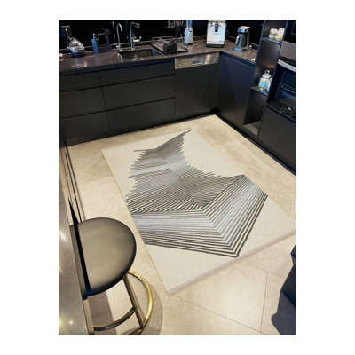 Tapis beige à motif géométrique abstrait à motif géométrique, motif d'escalier, collection South