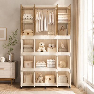 Portable Wardrobe Closet Storage Organizer for Clothes,Clothes Dresser,17 Magnetic Doors-17 Cubes & 1 Hanging Rod,6 pcs hangers , Baby Wardrobe Storage Cabinet