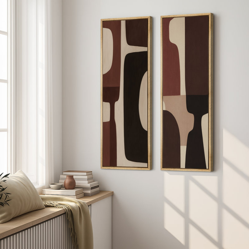 Ensemble de 2 reproductions d'art murales encadrées sur toile de formes Mid-Century géométriques dans des tons chauds de terre 60 po x 20 po x 2 pièces, 60 po x 30 po x 2 pièces