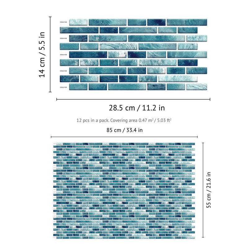 Carrelage mosaïque auto-adhésif en aluminium 34 po x 22 po, Turquoise / blanc