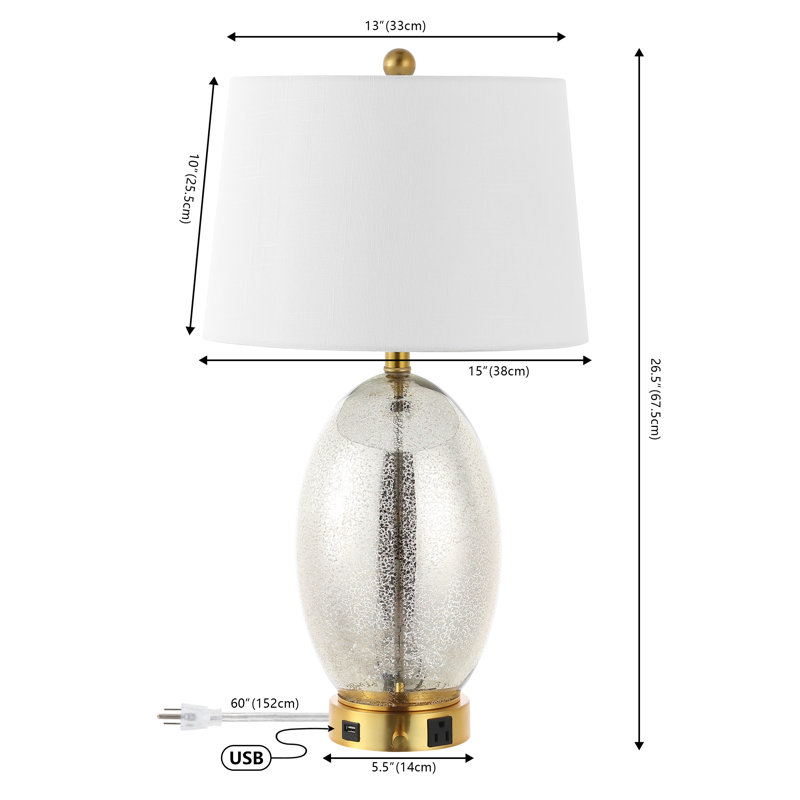Tuscola Glass USB Bedside Table Lamp, Silver/Brass Gold