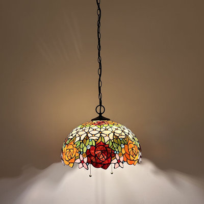 Lumières suspendues Omur Tiffany en verre coloré rouge orangé avec fleurs roses et l 16 po x P 16 po x H 75 po
