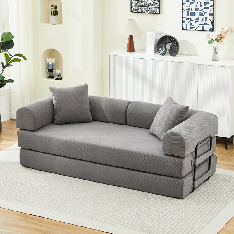 Grey Corduroy 78.5" Fold Out Couch, 3 - Seater Convertible Bed With Foam Spring Floor Mattress, 2 Pillows Pillows, For Living Room