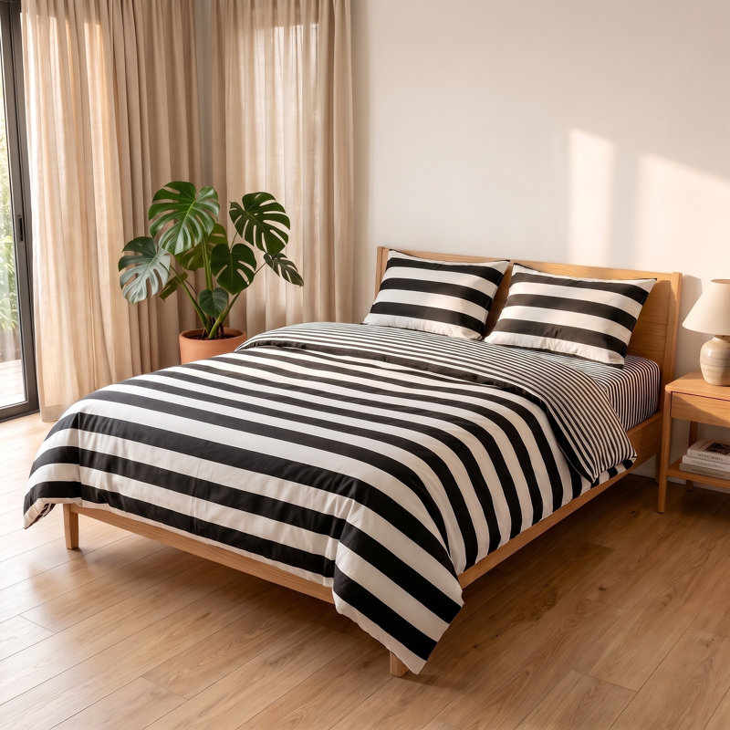 3 Pieces Duvet Cover Set, Brushed Microfiber Zipper Comforter Cover, Black and White Striped Printed - NTBAY, Queen