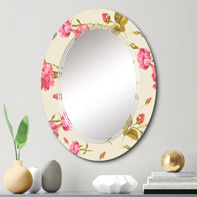 Roses rétro et fleurs sauvages Onbeige - Miroir mural à motif ovale, 30 po x 20 po