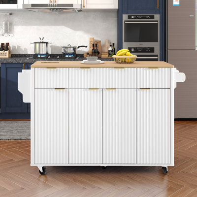 55.5" Fluted Kitchen Island With Drop Leaf, Rolling Island Table With Faux Marble Top, Power Outlet, Storage Drawers & Cabinets