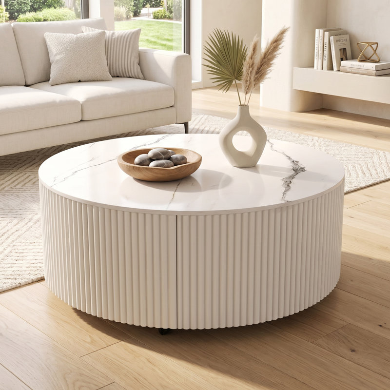 Table basse ronde 29,5 po moderne avec plateau en pierre frittée à motif marbré, 2 tiroirs, roulettes, mobile, facile à assembler