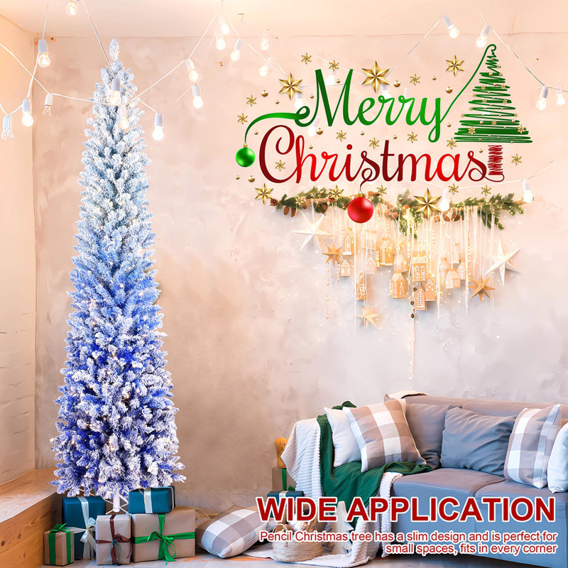 Arbre de Noël à flocons de 7 pi avec 3 lumières DEL blanc chaud, 725 pointes, branches articulées, conception mince et support en métal - arbre pré-éclairé étroit