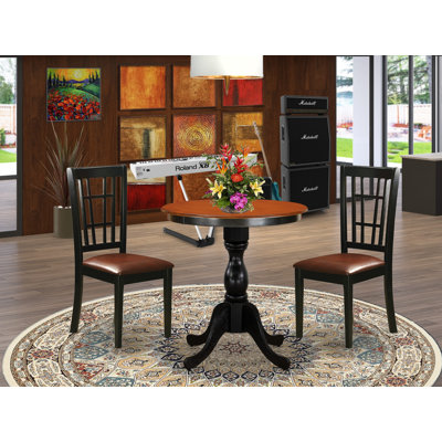 Ensemble de table de cuisine 3 pièces pour petits espaces comprenant une table de salle à manger ronde avec piédestal et 2 chaises en similicuir, noir et cerise