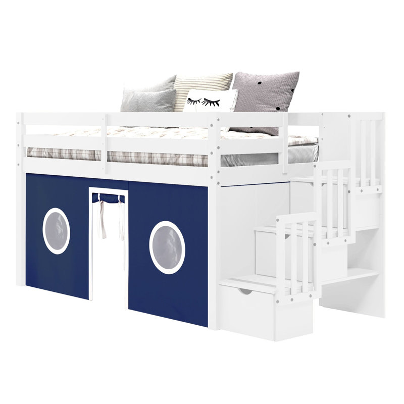 Johannes Solid Wood Twin Low Loft Bed with 3 Step-Stairway and Tent, White/Blue