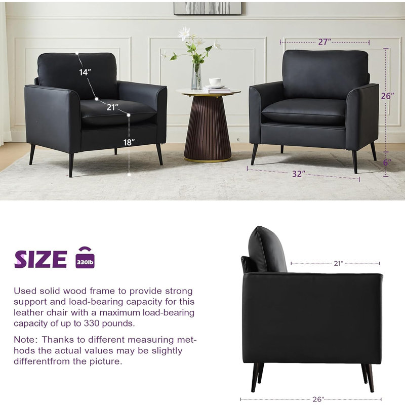 32In Wide Faux Leather Armchair (Set Of 2), Black Faux Leather