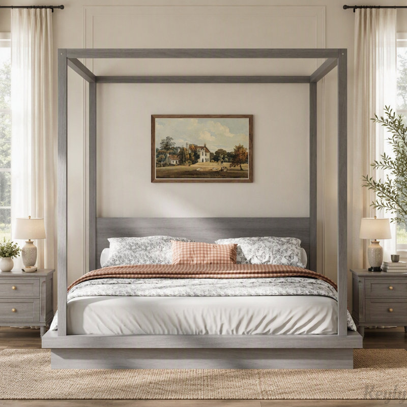 Lit plateforme à baldaquin en bois avec tête de lit, King, Grey