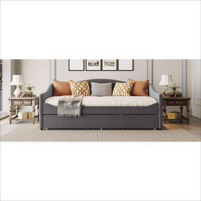 Modern Silhouette Twin Size Upholstered Daybed Teddy Fleece Soft Gray With LED Lights and Roll-Out Trundle