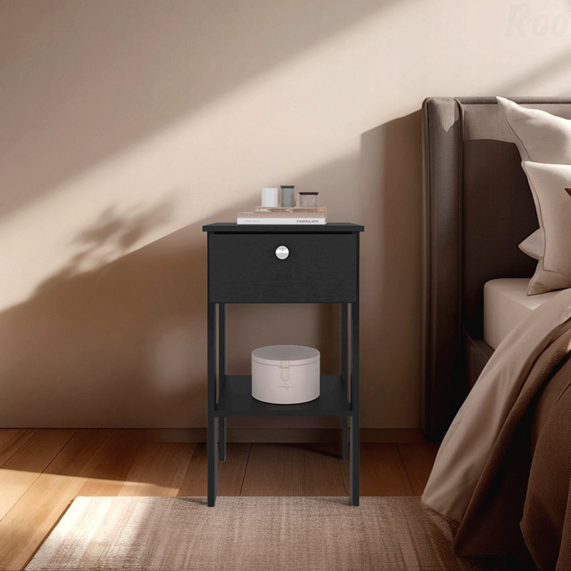 Table de chevet noire, table de chevet moderne avec un tiroir et une tablette ouverte