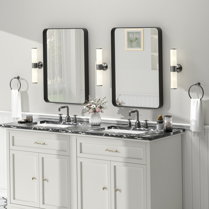 Molly Tempered Glass and Metal Framed French Cleat Mounted Wall Bathroom / Vanity Mirror, 28" x 20", Black