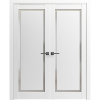Solid French Double Doors Planum 0888 Painted White with Frosted Glass Wood Solid Panel Frame Trims Closet Bedroom Sturdy Doors 48" x 84" (2* 24x84)