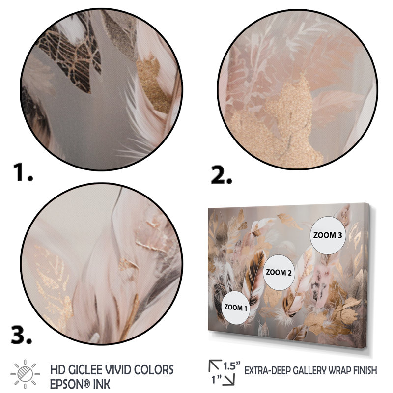 «Rosska Gold Glamour Feathers Of Boho Fantasy I», reproduction sur toile, H 12 po x l 20 po x P 1 po, Cadre photo noir