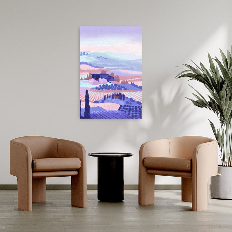 Impression d'art mural abstrait représentant un paysage paisible et serein de cyprès et de lavande en Toscane