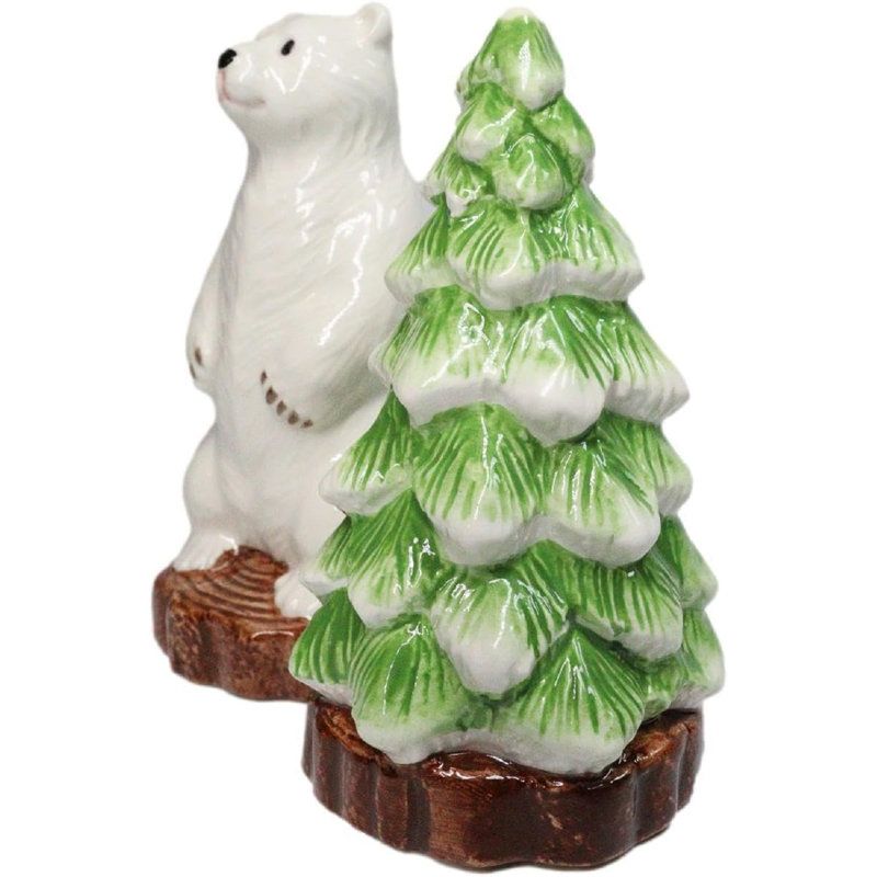 Arctic Wild Snow Polar Bear And Pine Tree Ceramic Salt And Pepper Shakers Set