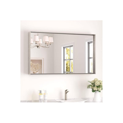 40 x 24 in Brushed Nickel Bathroom Mirror for Wall, Silver Rectangular Metal Framed Vanity Mirror for Bathroom Sink Square Corner Aluminum Alloy Modern Rectangle Mirror(Horizontal/Vertical)