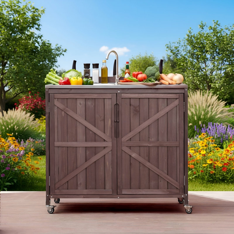 Dark Brown Outdoor Kitchen Island, 39.4-Inch With Sink Faucet Backsplash, Four-Wheel Design, Specifically For Pizza Making.