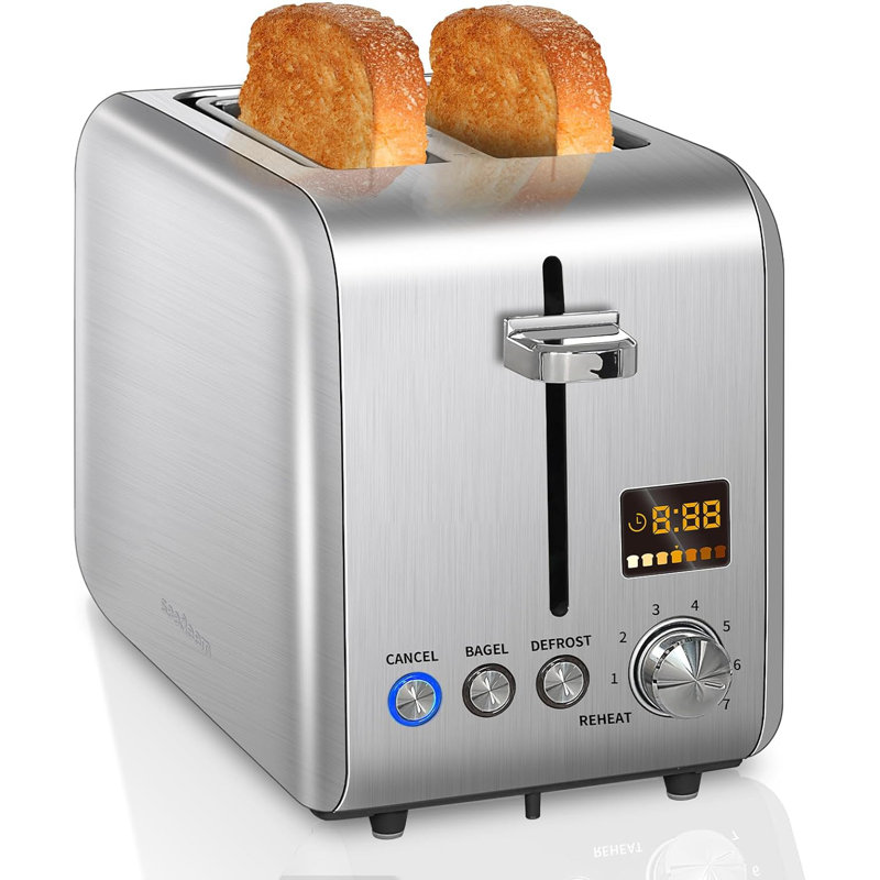 Toaster 2 Slice, Stainless Steel Bread Toaster LCD Display, 7 Bread Shade Settings, 1.4'' Wide Slots, Silver