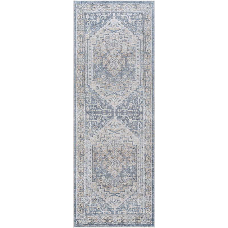 Kinzel Machine Washable Oriental Blue/Mustard Area Rug, Runner 2'7" x 7'3"