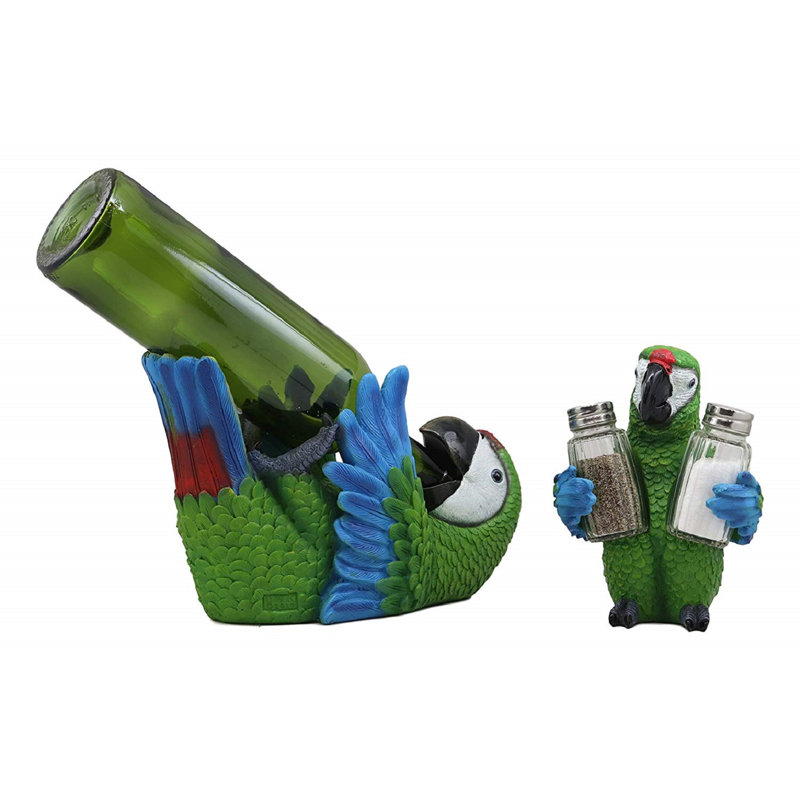 Green and Blue Parrot Salt and Pepper Shaker Set with Wine Holder