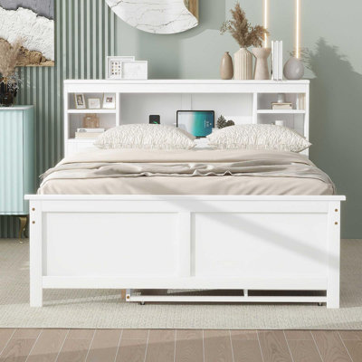 Lit plateforme double avec tête de lit à rangement, USB, lit gigogne simple et 3 tiroirs, blanc
