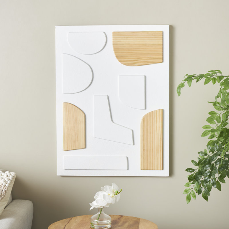 Billie Wood Dimensional Art Deco Shapes Geometric White Wall Decor with Brown Accents
