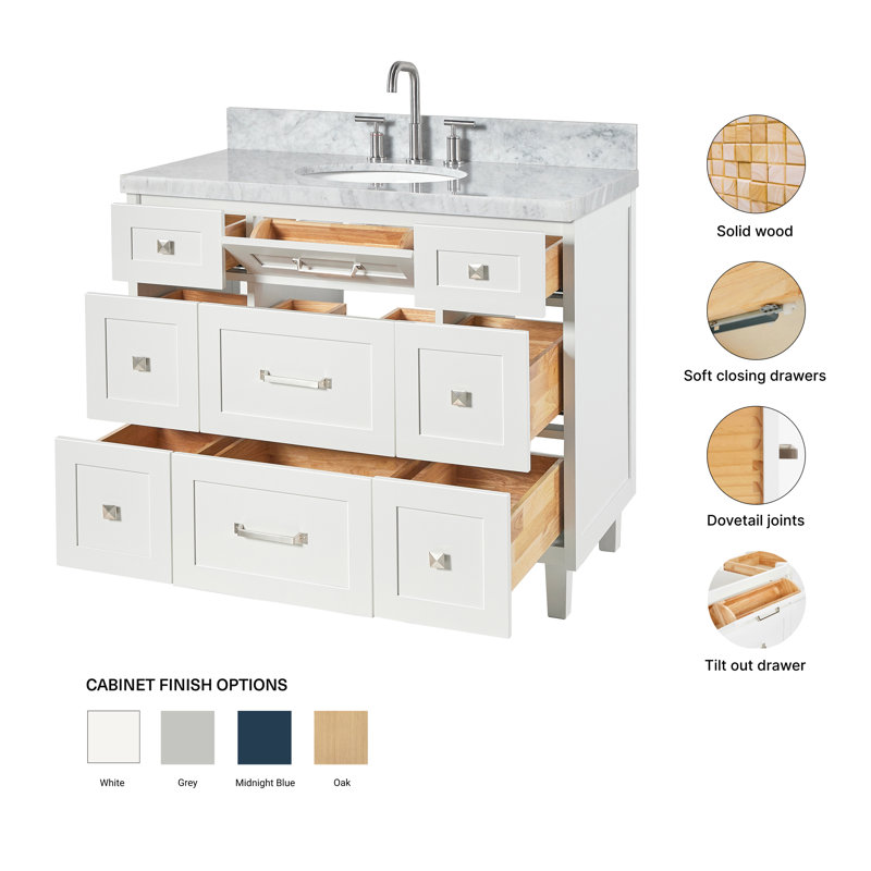 Meuble-lavabo simple en bois massif 43 po ARIEL Monrow, Blanc, 42" - 43", Italian Carrara Marble