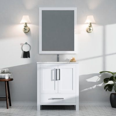 Blanc 30 po Meuble-lavabo large avec comptoir en marbre de culture, robinet et miroir 28 po