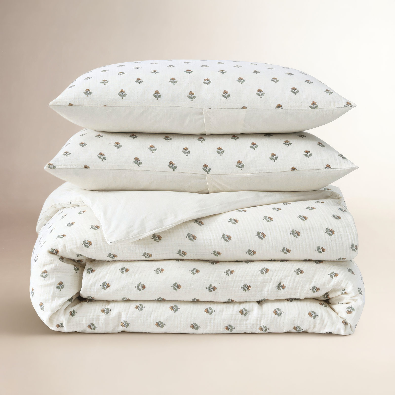 Block Print Gauze Cotton Comforter Set, Queen Comforter + 2 Standard Pillow Shams