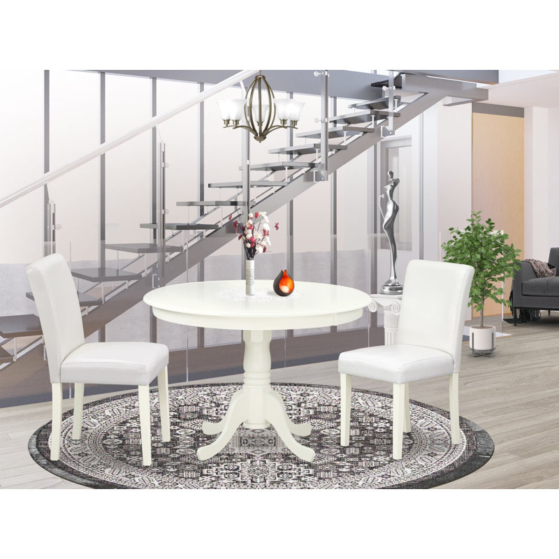 Ensemble de table de cuisine 3 pièces pour petits espaces comprenant une table de salle à manger ronde avec piédestal et 2 chaises rembourrées en similicuir blanc, 42 po x 42 po, lin blanc