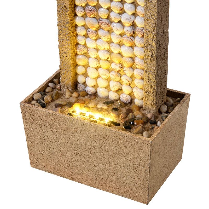 Outdoor Coastal-Style Water Fountain with Warm Glow Lighting & Pump For Patio/Garden, Seashells