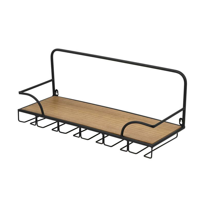 24X8.3X9.8" Wooden Wall Mounted Shelf With Slender Black Iron Frame And Hanging Hooks