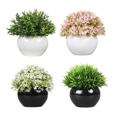 Ensemble de 4 plantes vertes artificielles réalistes dans des pots en céramique sphériques blancs - Mini verdure artificielle, décoration intérieure sans entretien pour la maison et le bureau - Plantes en pot écologiques