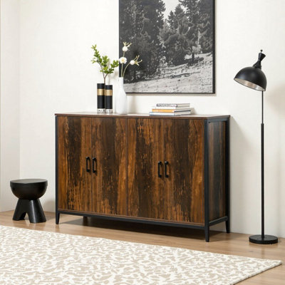 Buffet 47 po brun rustique industriel avec tablettes réglables, panneau de fibres à densité moyenne et bar en acier pour le salon, la salle à manger et le vestibule