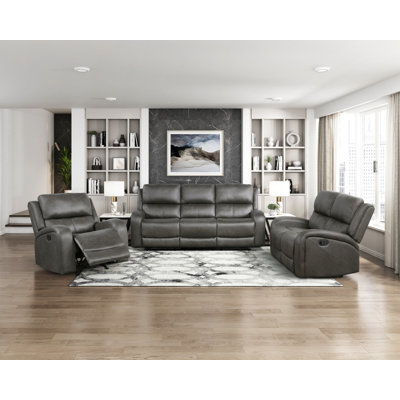Gray 3pc Living Room Sofa Set Reclining Motion Sofa Loveseat Chair Plush Comfort Upholstery Solid Wood Transitional Style Furniture