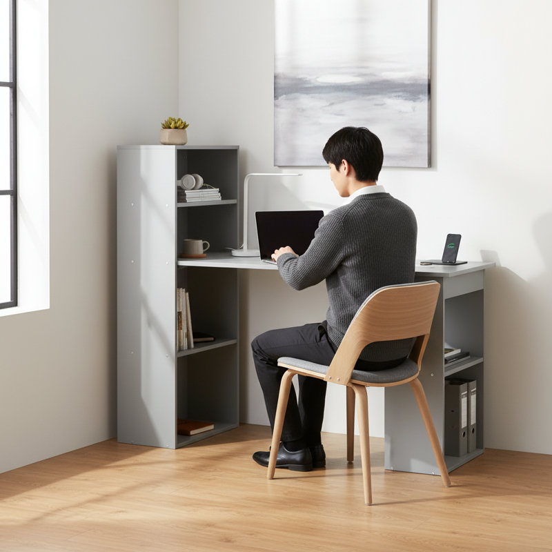 Poste de travail compact avec bureau et table d'écriture, bureau gris | Idée de cadeau