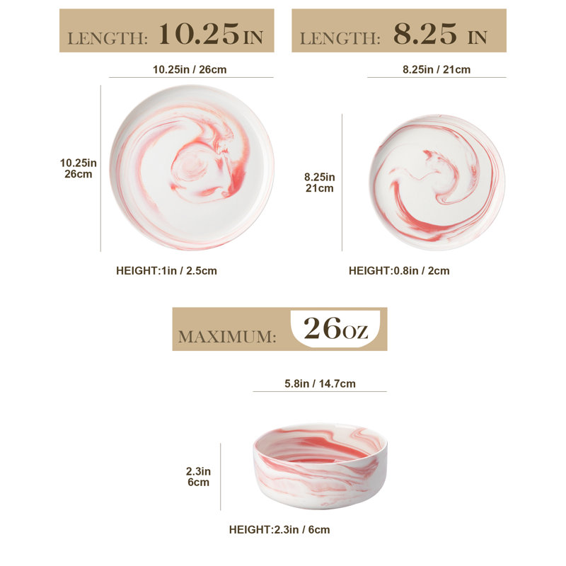 24 Piece Porcelain China Dinnerware Set - Service for 8, Pink