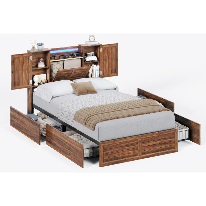 Farmhouse Bed Frame With Double Barn Door Storage Headboard Rustic Wooden Bed With 4 Drawers And Led Lights, Full, Brown